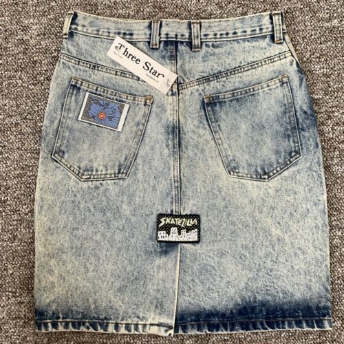 Deadstock 1980s Acid wash Denim Jean Skirt Patches Cotton Small 4/6 Stone Knee - Fresh Stock Dated February 2026