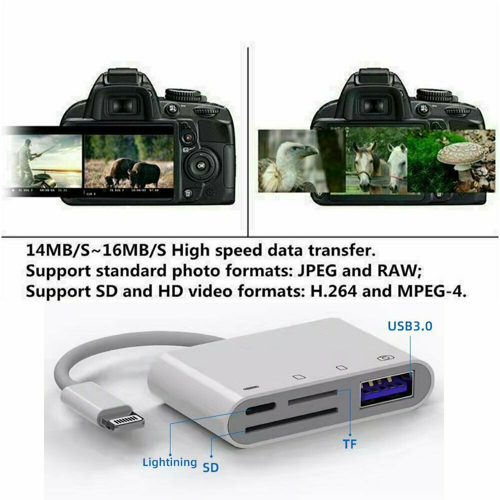 4in1 USB to Card Reader Adapter USB Camera Micro SD Memory Slot for iPhone iPad - Fresh Stock Dated February 2026