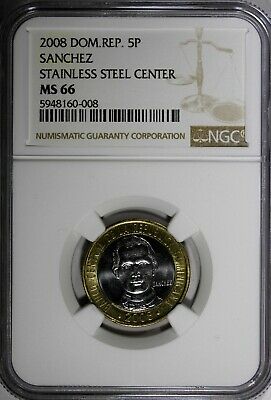 Dominican Republic Sánchez 2008 5 Pesos Magnetic NGC MS66 KM# 89 (008) - Fresh Stock Dated February 2026