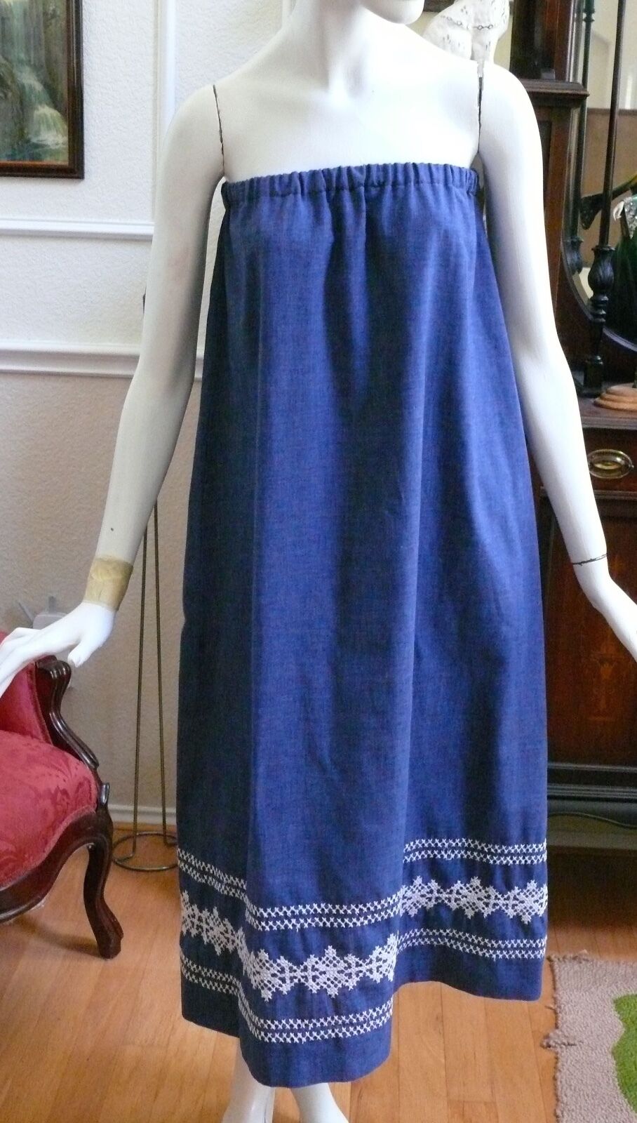 1960-70`s Long Cotton Blend Denim Midi Skirt  with White Machine Embroidery - Fresh Stock Dated February 2026