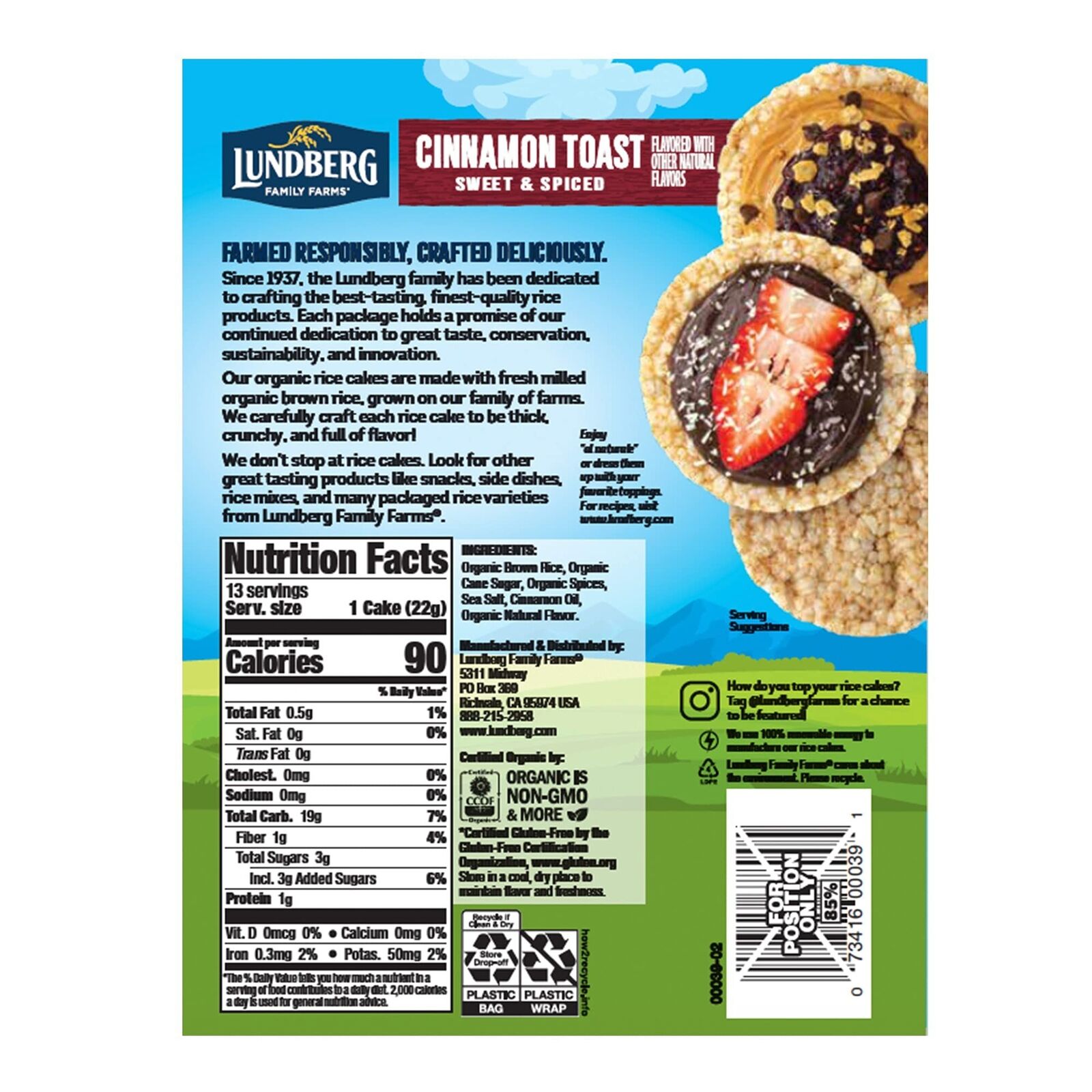Lundberg Organic Brown Rice Cakes, Cinnamon Toast, 9.5oz, Gluten-Free, Vegan,... - Fresh Stock Dated February 2026