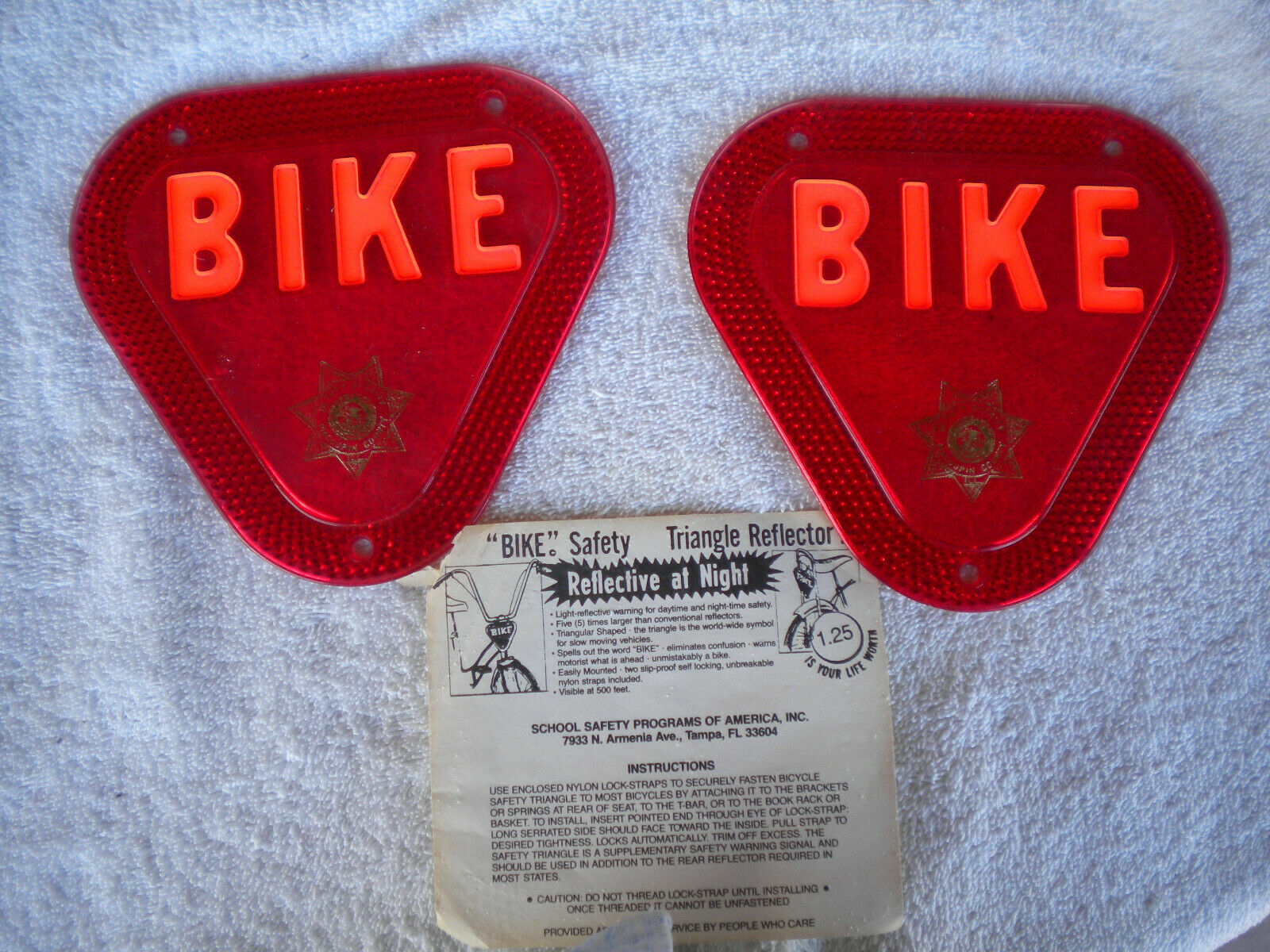 Vintage Bike Safety Reflector Triangles ST. Of Illinois Macoupin County Sheriff - Fresh Stock Dated December 2025