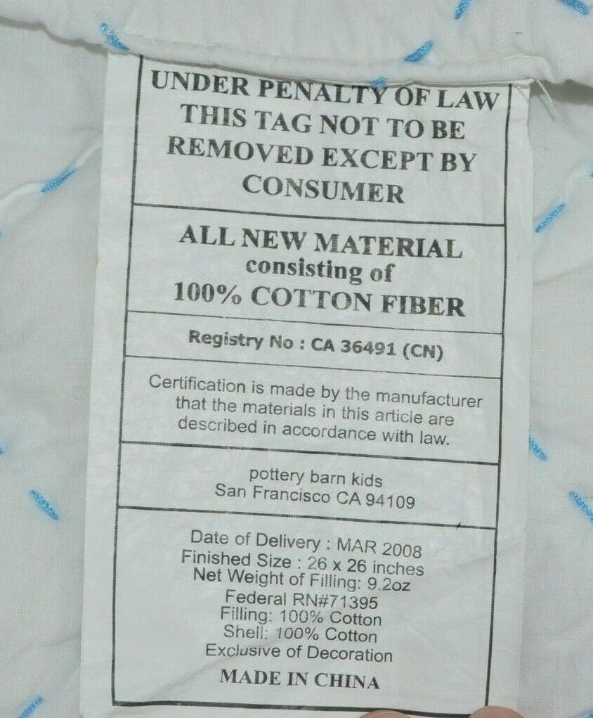 Pottery Barn Kids Sky Blue White Quilted Euro Sham Diamond Stitch Square GUC! - Fresh Stock Dated January 2026