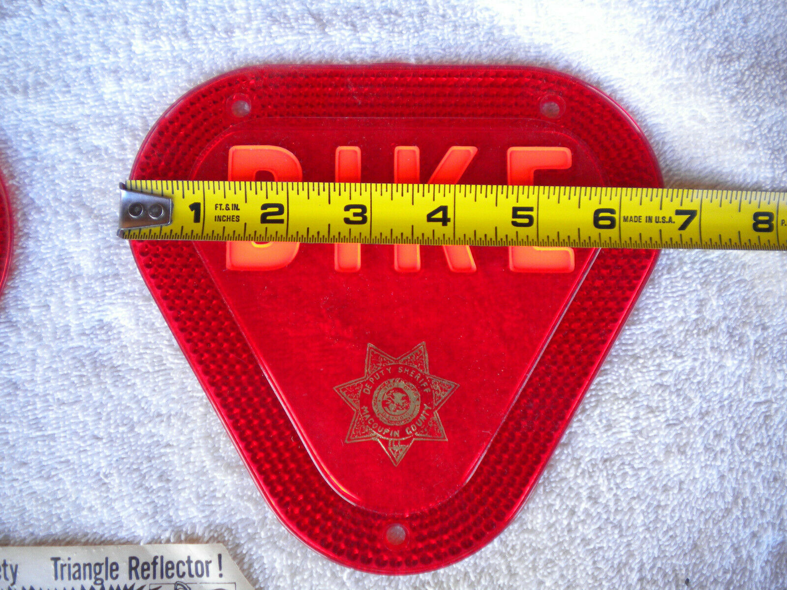 Vintage Bike Safety Reflector Triangles ST. Of Illinois Macoupin County Sheriff - Fresh Stock Dated December 2025