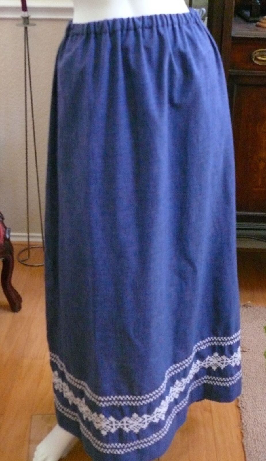 1960-70`s Long Cotton Blend Denim Midi Skirt  with White Machine Embroidery - Fresh Stock Dated February 2026