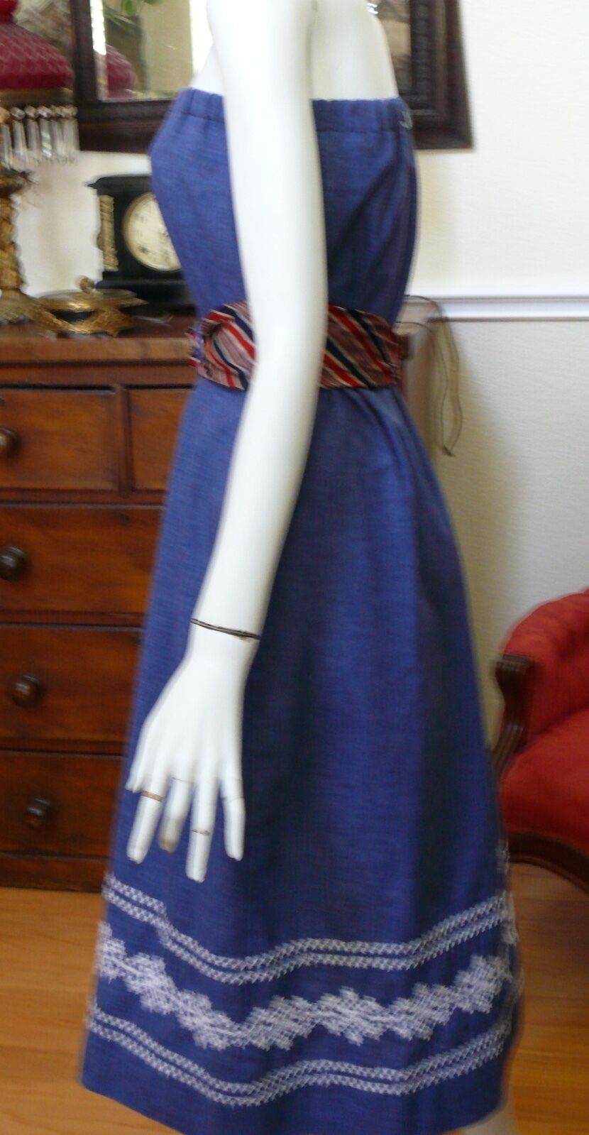 1960-70`s Long Cotton Blend Denim Midi Skirt  with White Machine Embroidery - Fresh Stock Dated February 2026