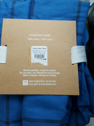 New Pottery Barn Teen BLUE Boxter Plaid Standard SHAM Navy - Fresh Stock Dated December 2025