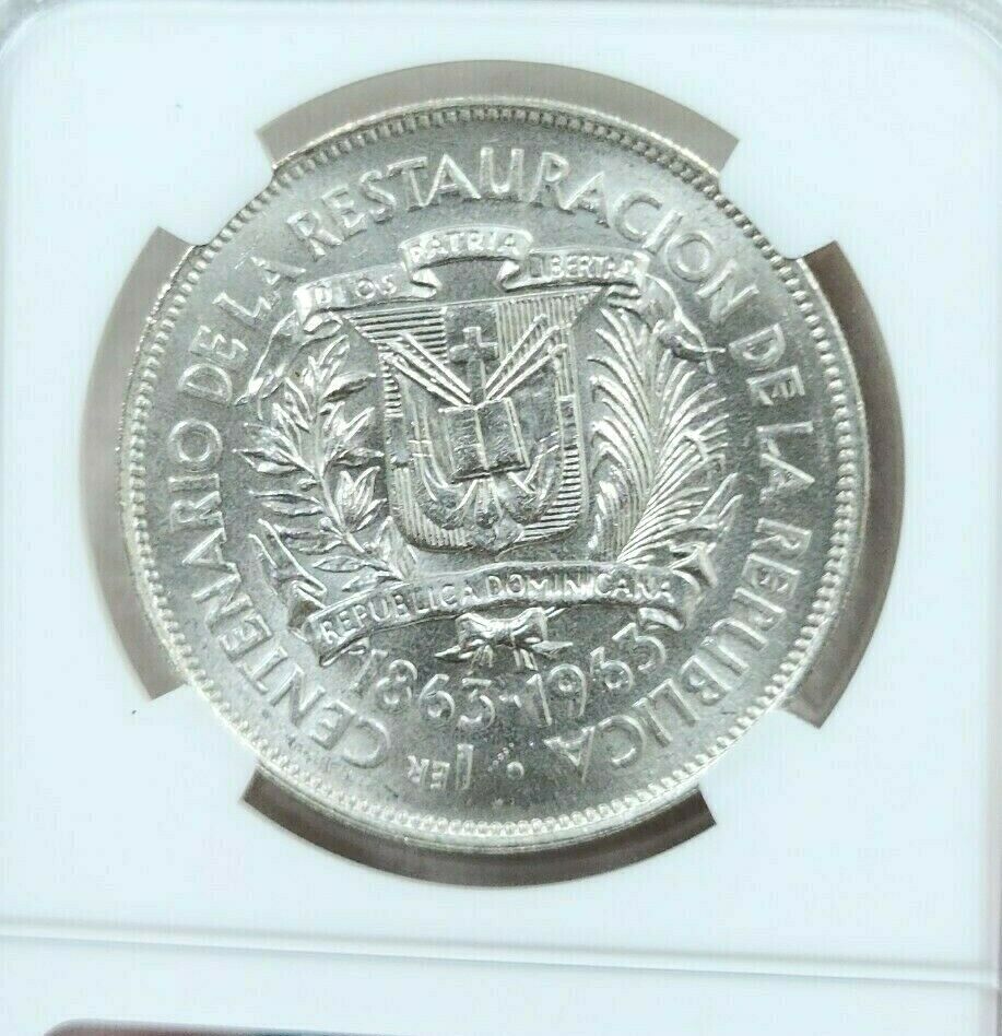 1963 DOMINICAN REPUBLIC SILVER 1 PESO REPUBLIC RESTORATION NGC MS 64 GREAT COIN - Fresh Stock Dated February 2026