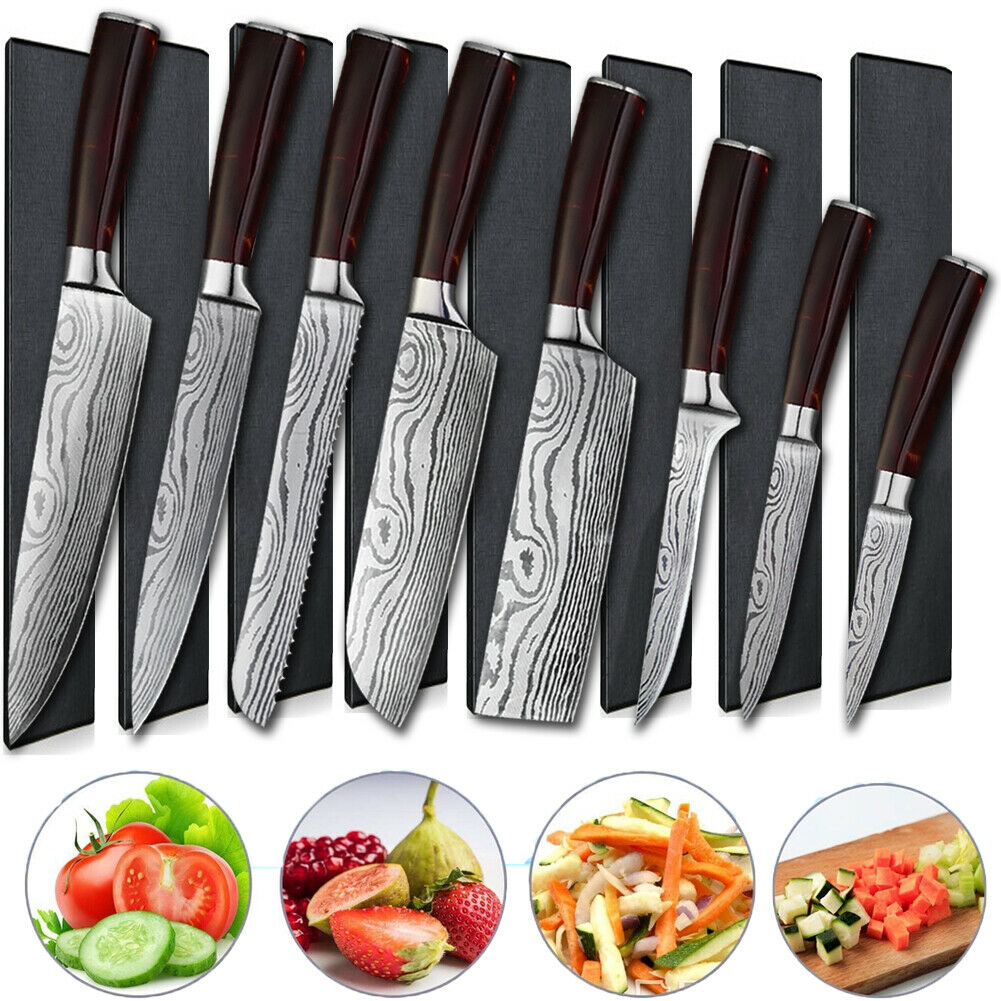 8PCS Pro Kitchen Chef Knife Set Damascus Pattern Carbon Steel Cleaver Knives -US - Fresh Stock Dated December 2025