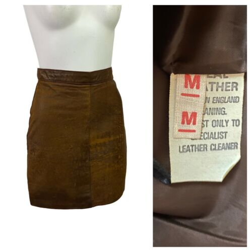1960s Leather Skirt / 60s Brown Mod High Waist Mini Skirt Made In UK / XS - Fresh Stock Dated February 2026