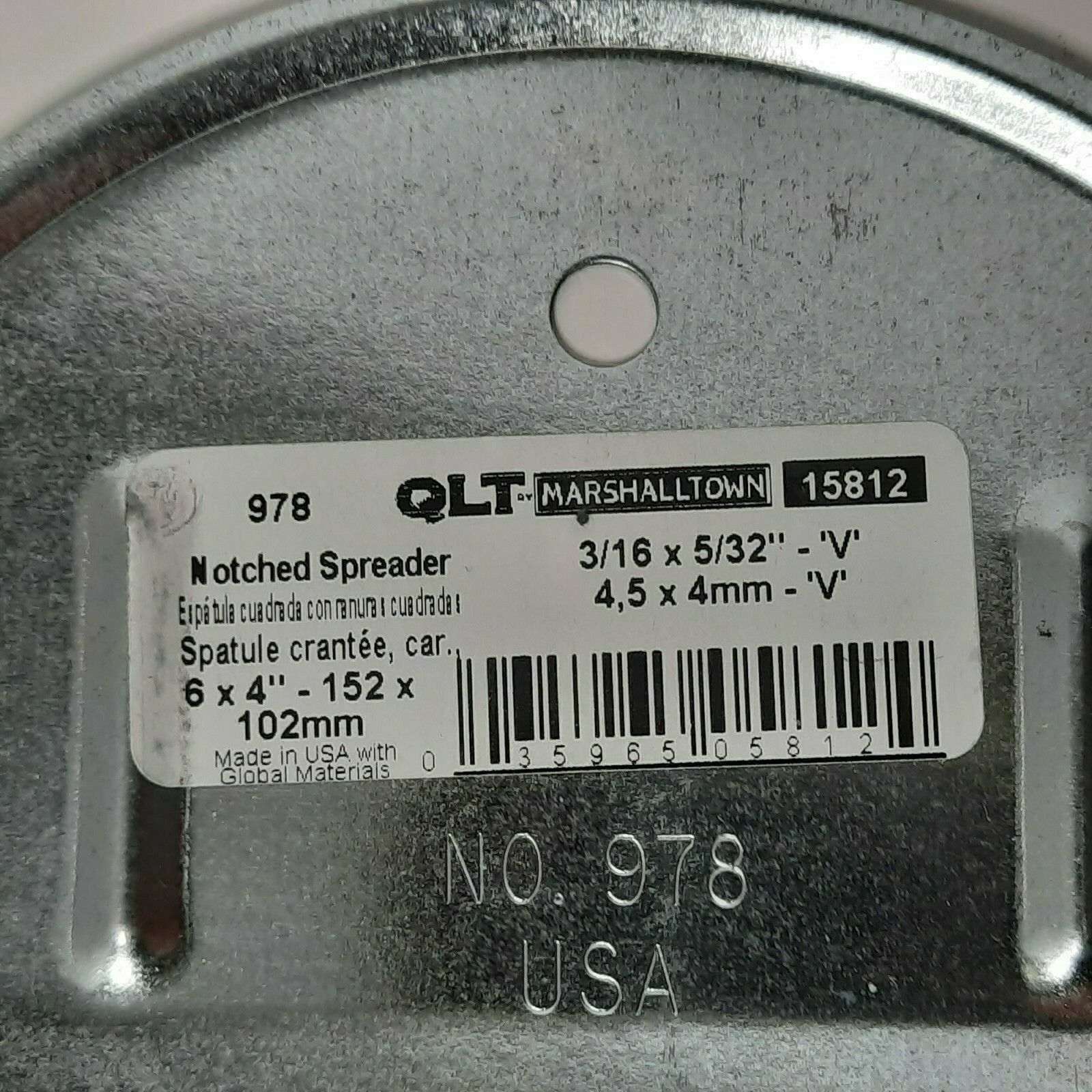 Notched Spreader 3/16 x 5/32 Spatula 6 x 4 #978 #15812 QLT Marshalltown - Fresh Stock Dated February 2026