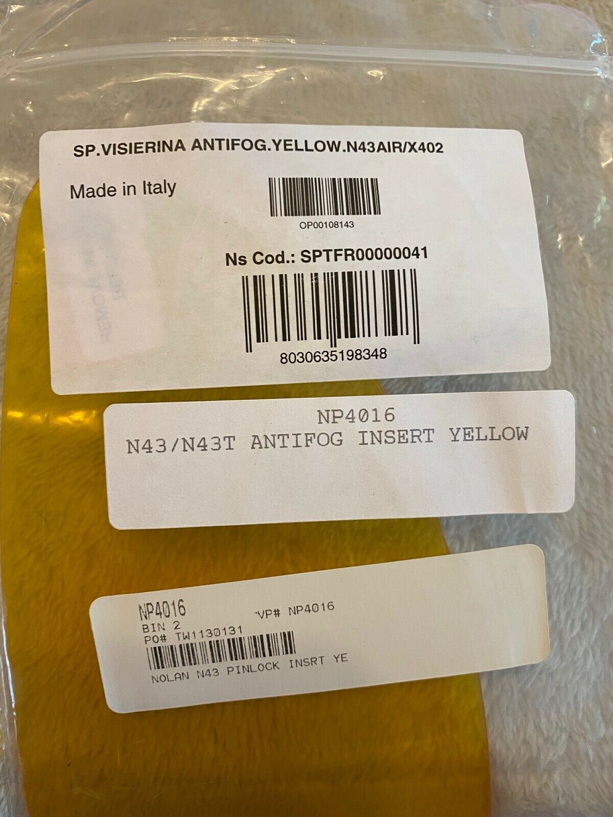 Nolan Helmets Nolan Pinlock Insert for N43E Helmet Yellow SPTFR00000041 - Fresh Stock Dated February 2026