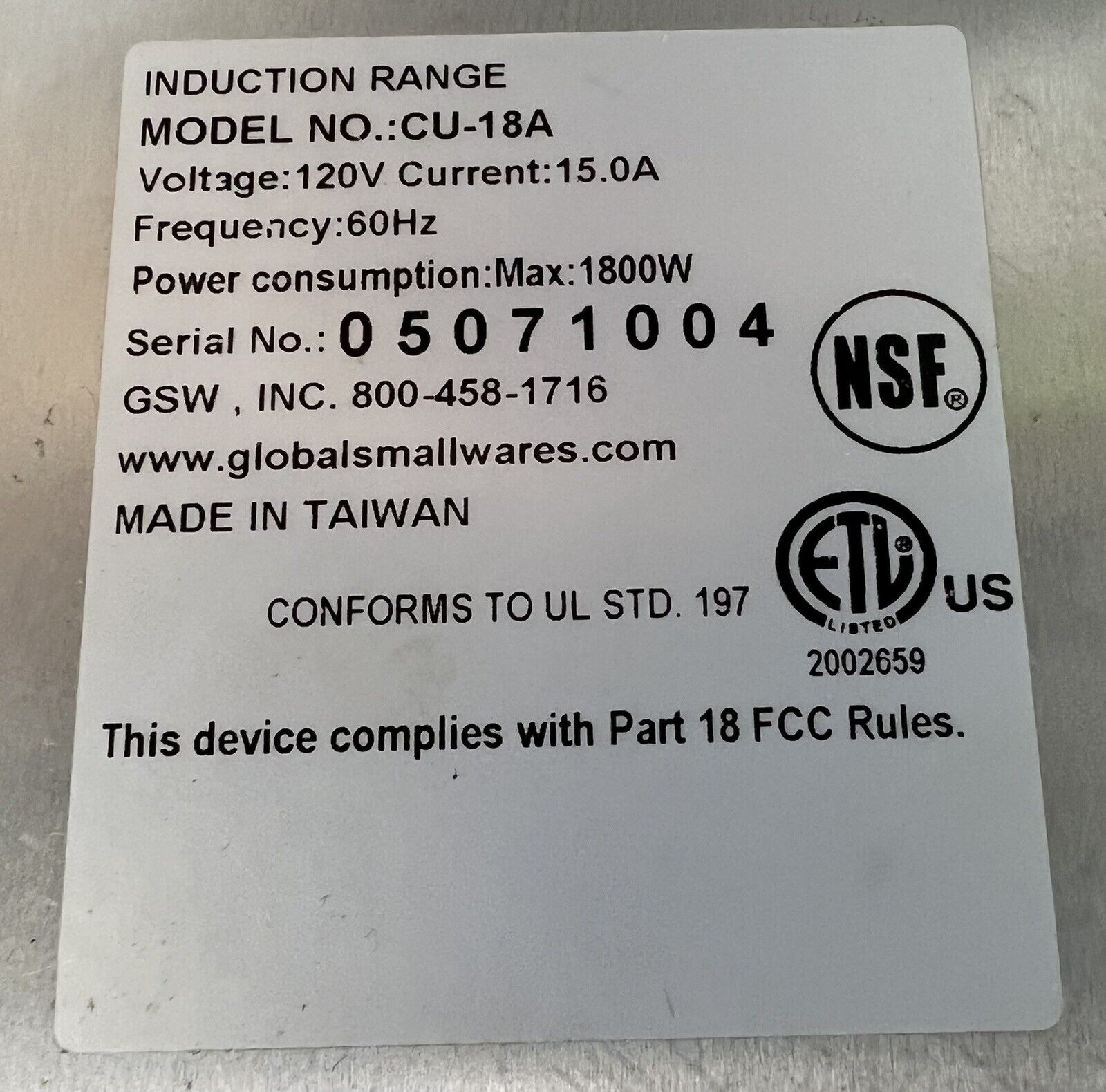 GSW CU-18A Commercial Portable Induction Cooktop Electric Countertop Stove - Fresh Stock Dated February 2026