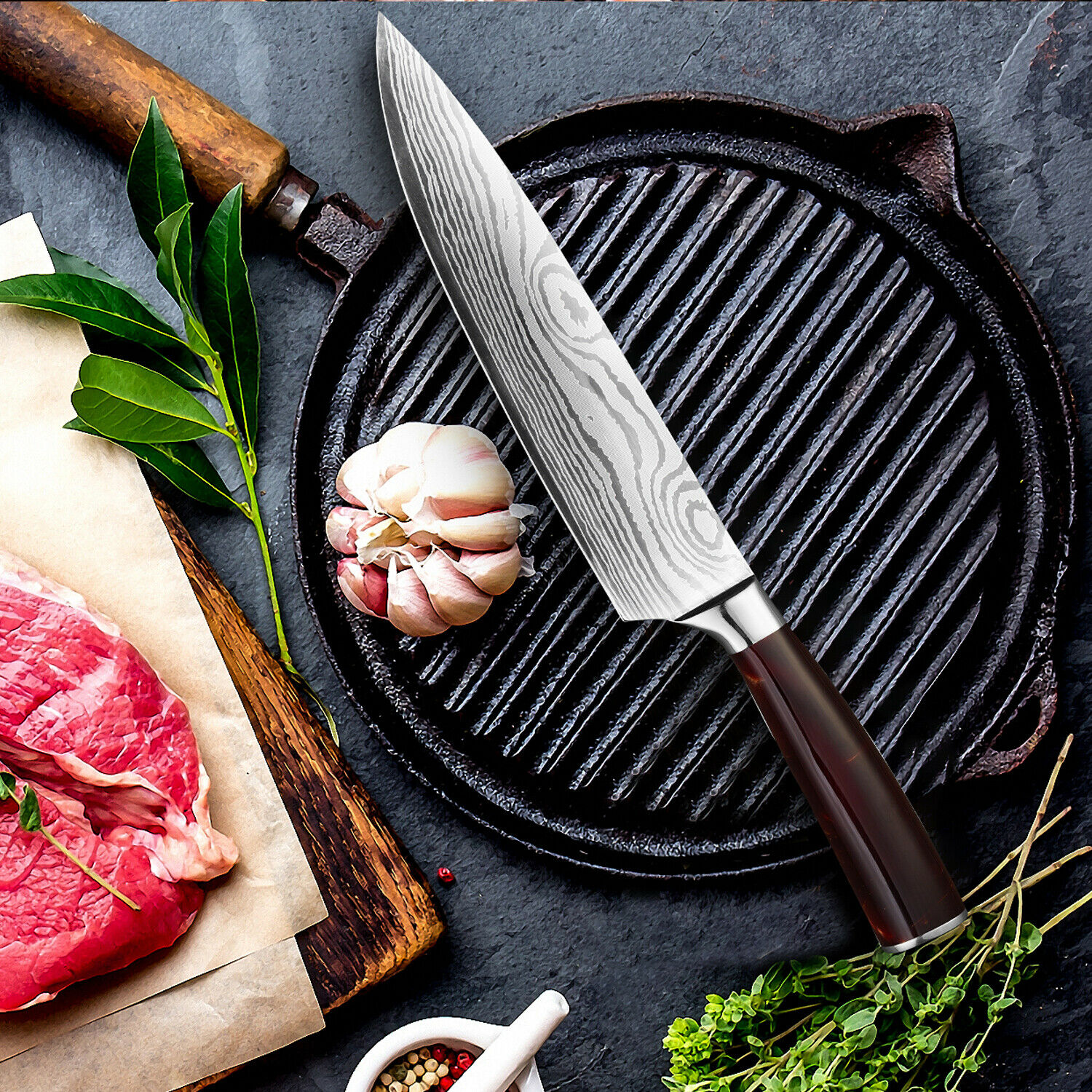 8PCS Pro Kitchen Chef Knife Set Damascus Pattern Carbon Steel Cleaver Knives -US - Fresh Stock Dated December 2025