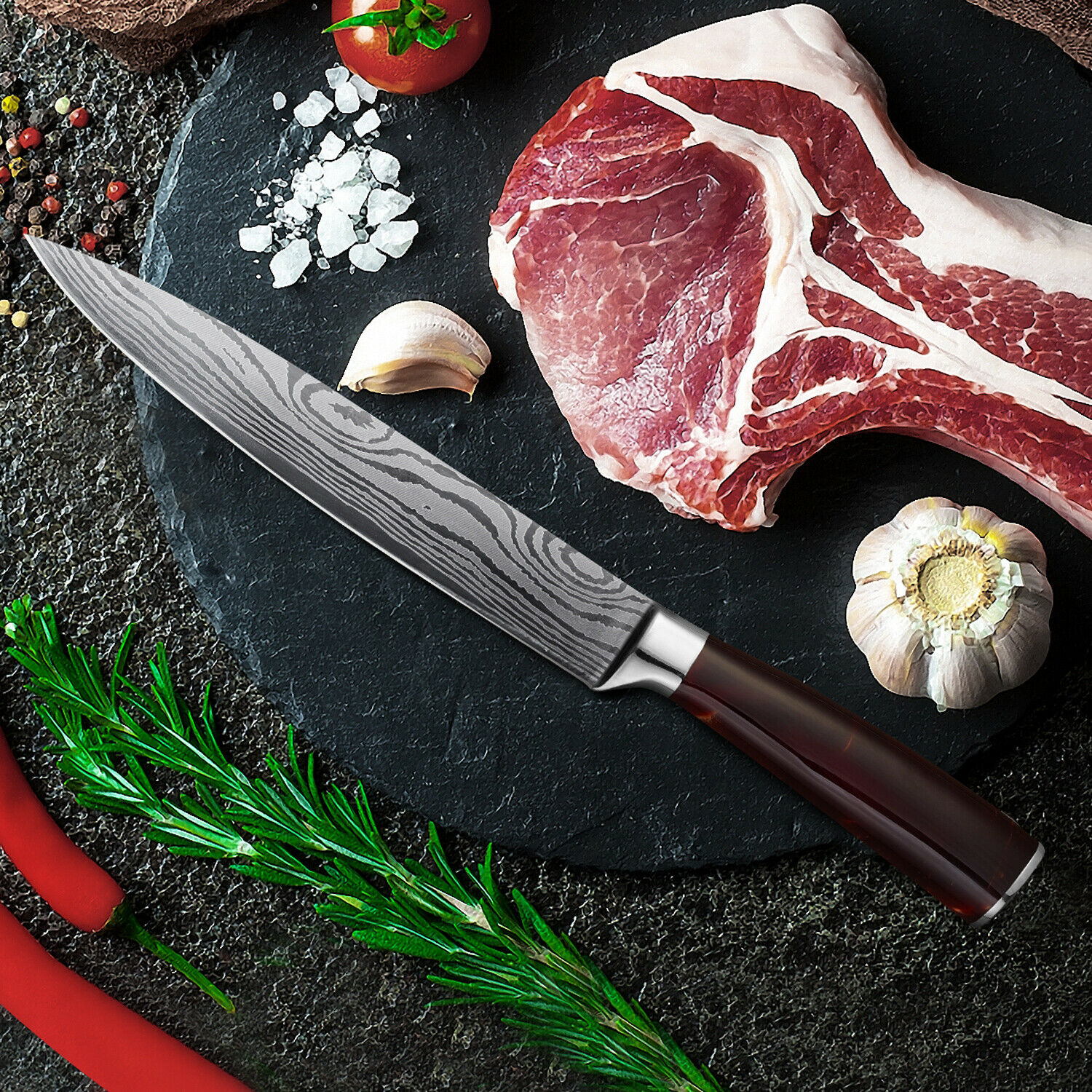 8PCS Pro Kitchen Chef Knife Set Damascus Pattern Carbon Steel Cleaver Knives -US - Fresh Stock Dated December 2025