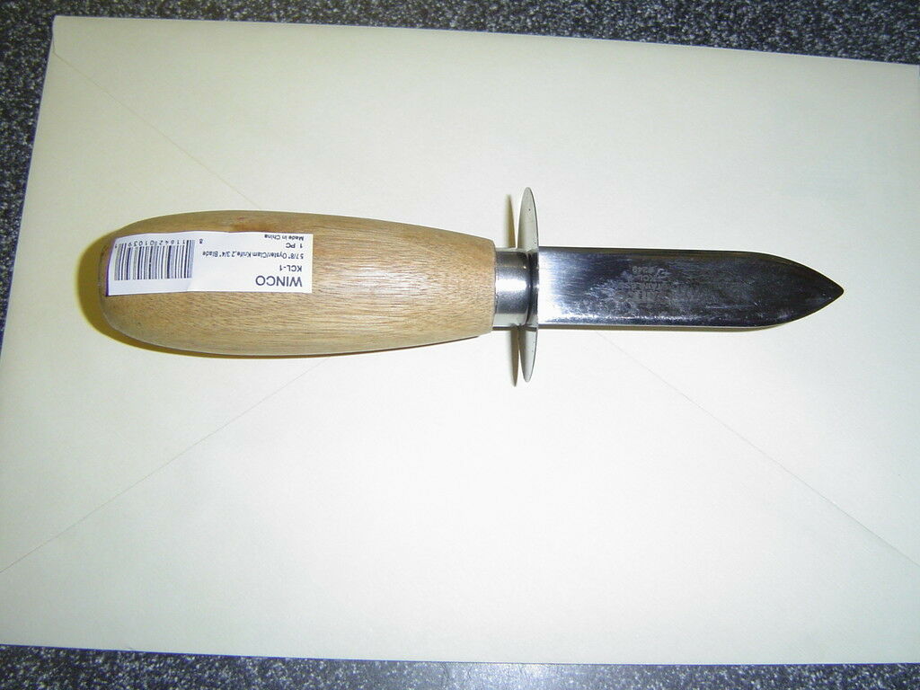 WINCO 1 OYSTER CLAM KNIFE KCL-1 WOODEN WOOD HANDLE STAINLESS BLADE SHUCKER GUARD - Fresh Stock Dated December 2025