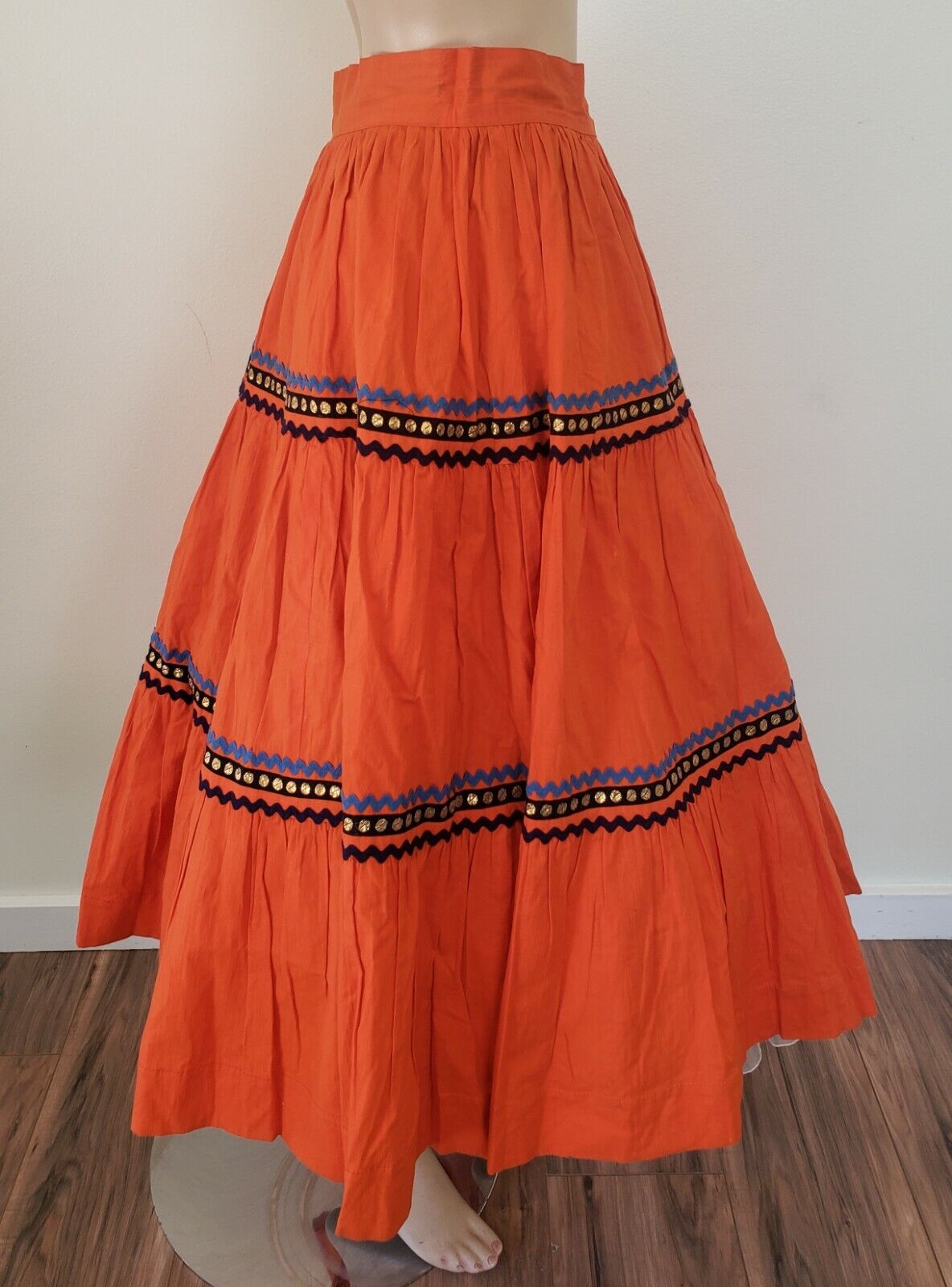 Vintage 50s 1950s Rockabilly Orange Cotton Circle Skirt Side Zip Ric-Rac sz 6 - Fresh Stock Dated March 2026