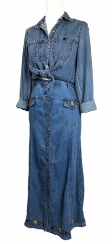 Vintage Denim Maxi Skirt Floral Embroidered Western Prairie Studio West Size L - Fresh Stock Dated February 2026