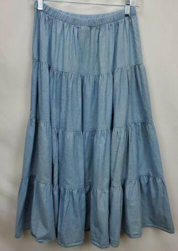 Vintage Western Prairie Tiered Ruffle Long Blue Chambray Skirt Sz Medium Fritzi - Fresh Stock Dated February 2026