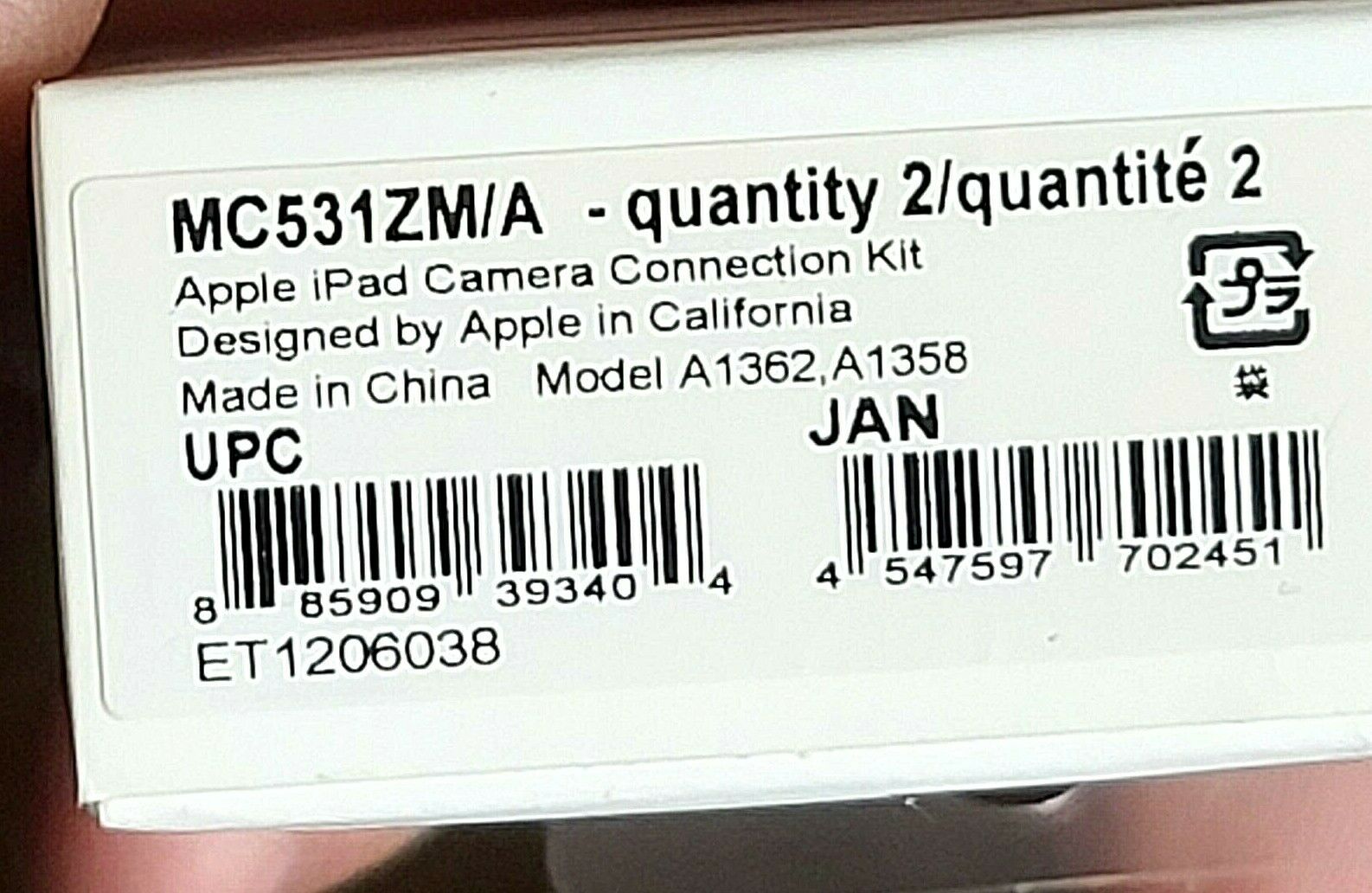 Apple iPad Camera Connection Kit MC531ZM/A (Models A1362 & A1358) White - Fresh Stock Dated February 2026
