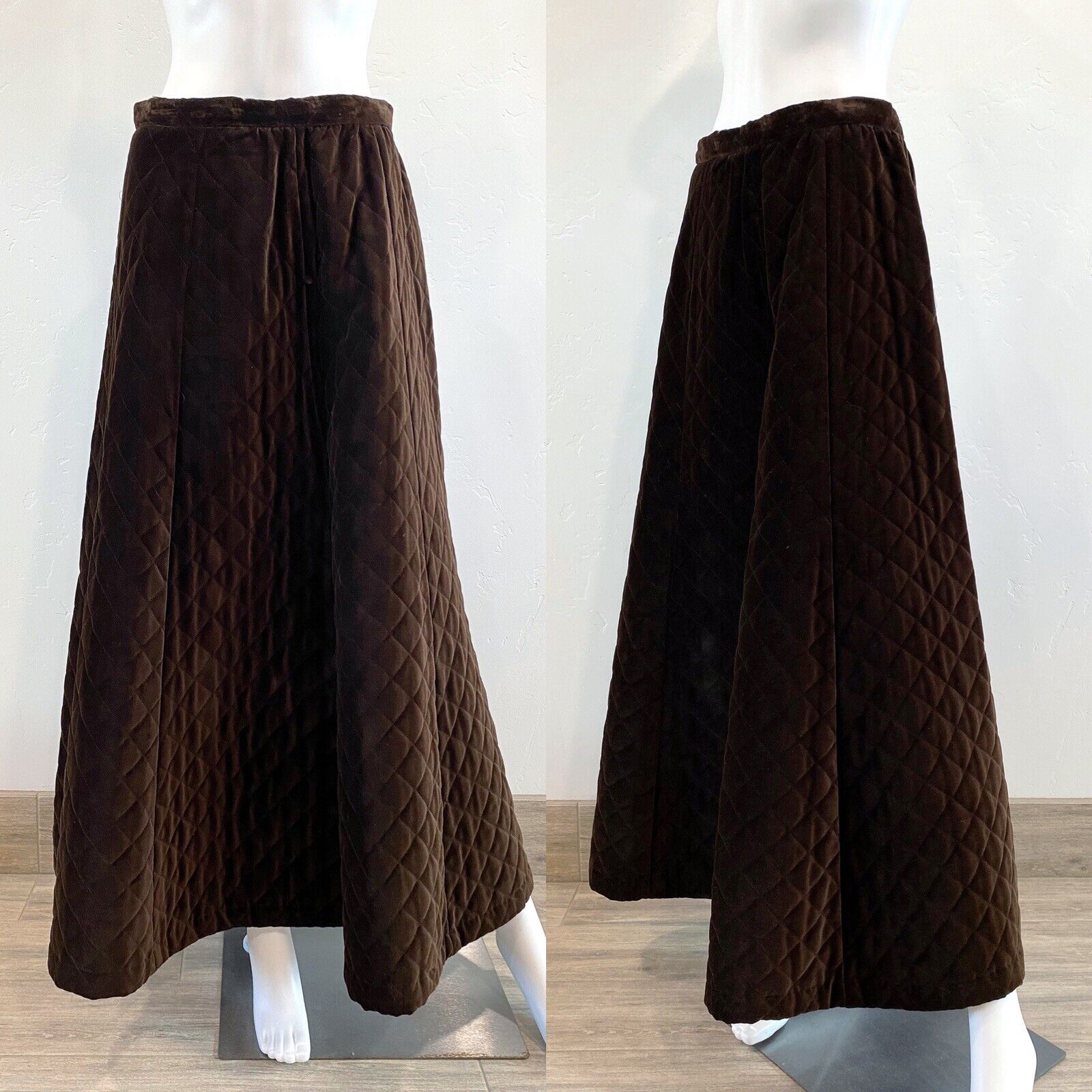 VTG 70'S CENTURY OF BOSTON BROWN QUILTED VELVET MAXI SKIRT BOHO HIPPIE M 29