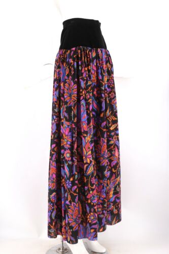 vintage 70s Yves Saint Laurent Black Velvet wool challis print maxi skirt 23