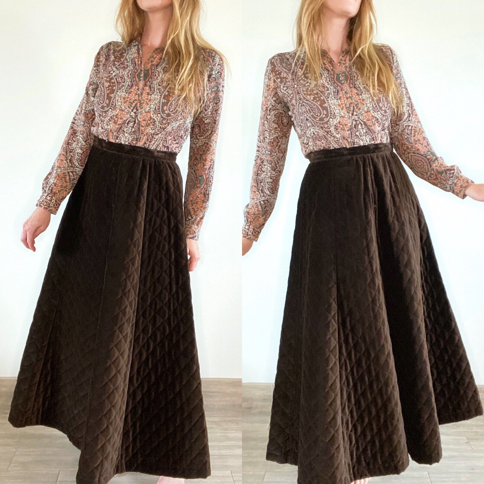 VTG 70'S CENTURY OF BOSTON BROWN QUILTED VELVET MAXI SKIRT BOHO HIPPIE M 29