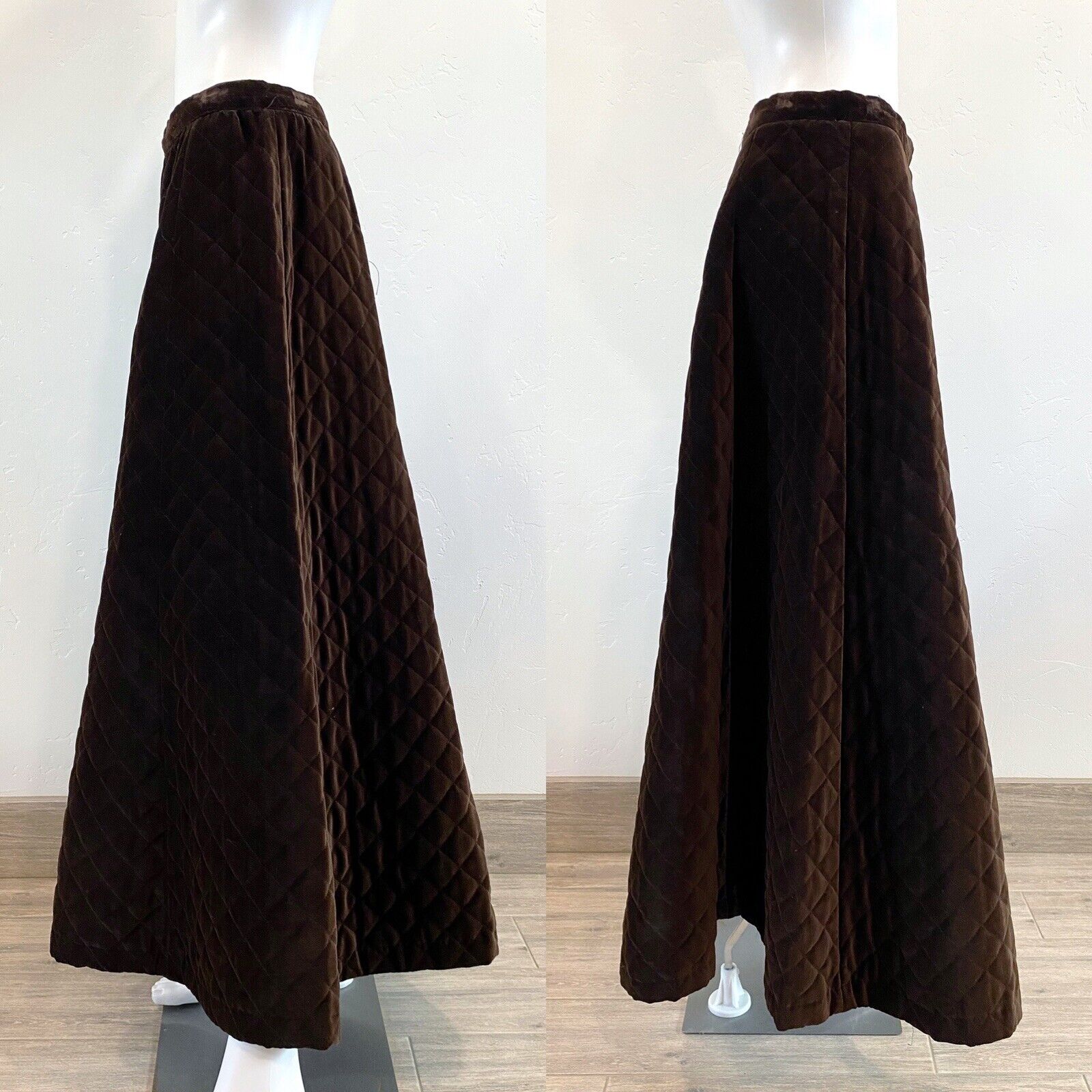 VTG 70'S CENTURY OF BOSTON BROWN QUILTED VELVET MAXI SKIRT BOHO HIPPIE M 29