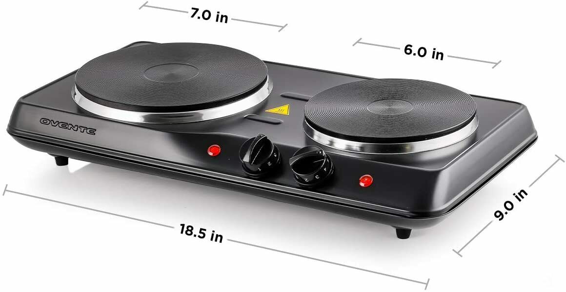 Ovente Electric Cast Iron Burner 7 Inch Double Hot Plate Compact Cooktop BGS102B - Fresh Stock Dated December 2025