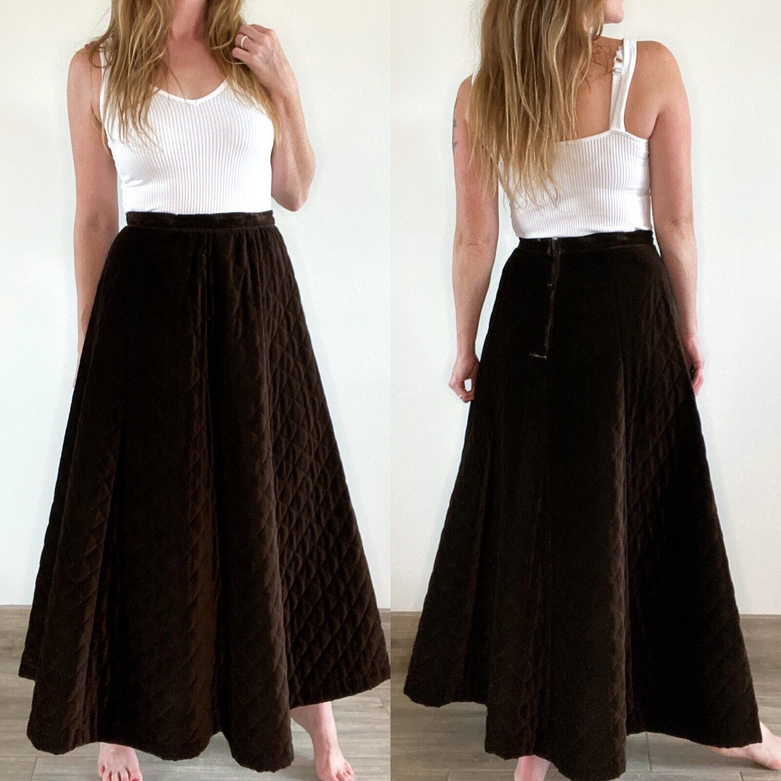VTG 70'S CENTURY OF BOSTON BROWN QUILTED VELVET MAXI SKIRT BOHO HIPPIE M 29