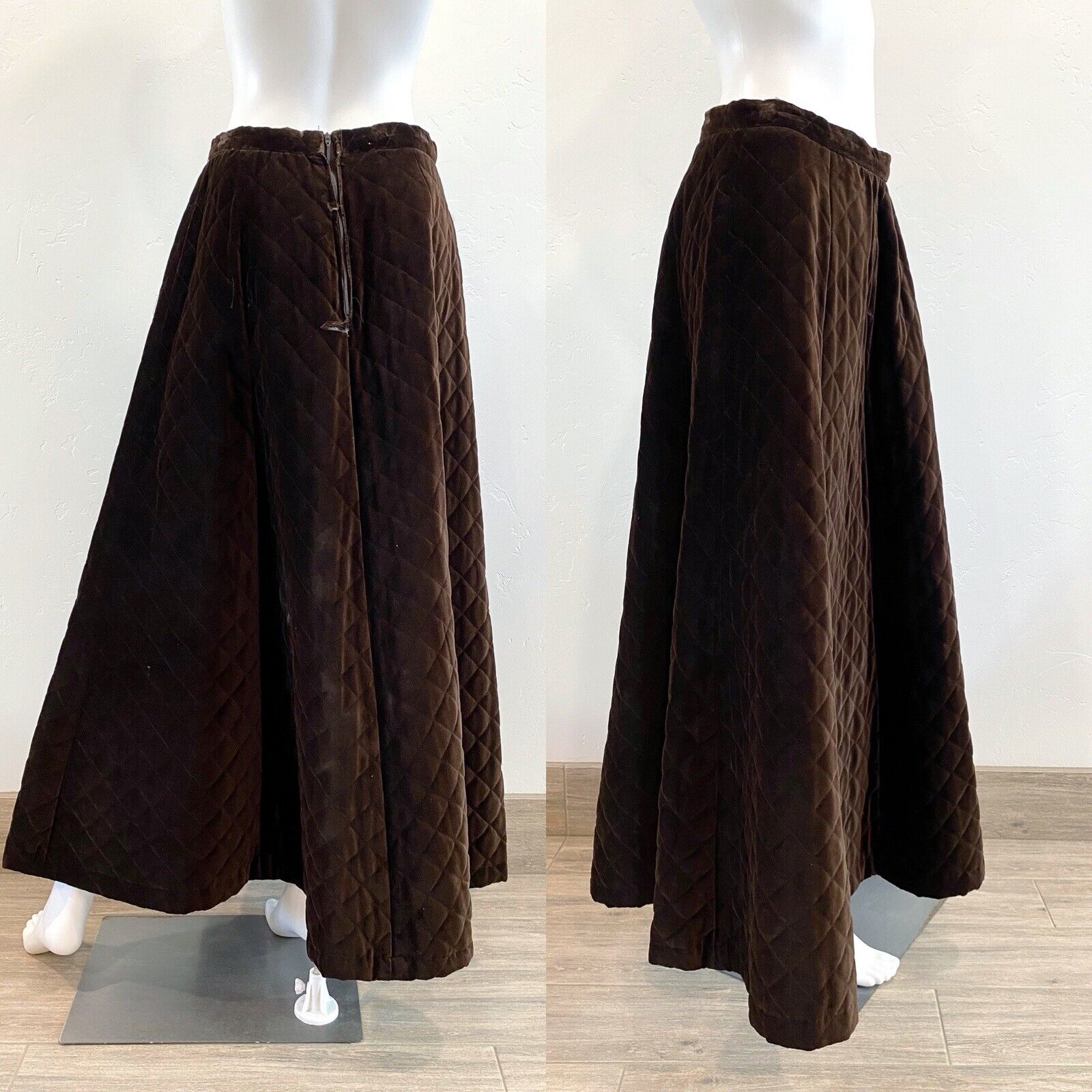 VTG 70'S CENTURY OF BOSTON BROWN QUILTED VELVET MAXI SKIRT BOHO HIPPIE M 29