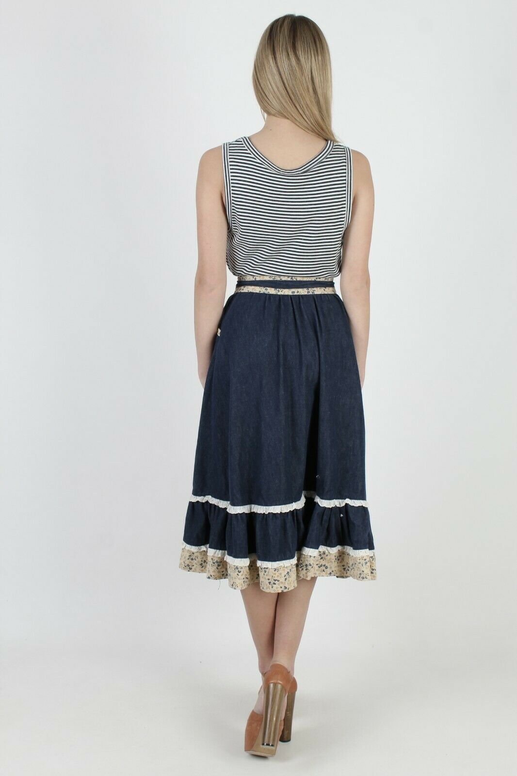 Vtg 70s Prairie Country Skirt Denim Calico Floral Folk Pockets Lace Midi Mini - Fresh Stock Dated February 2026