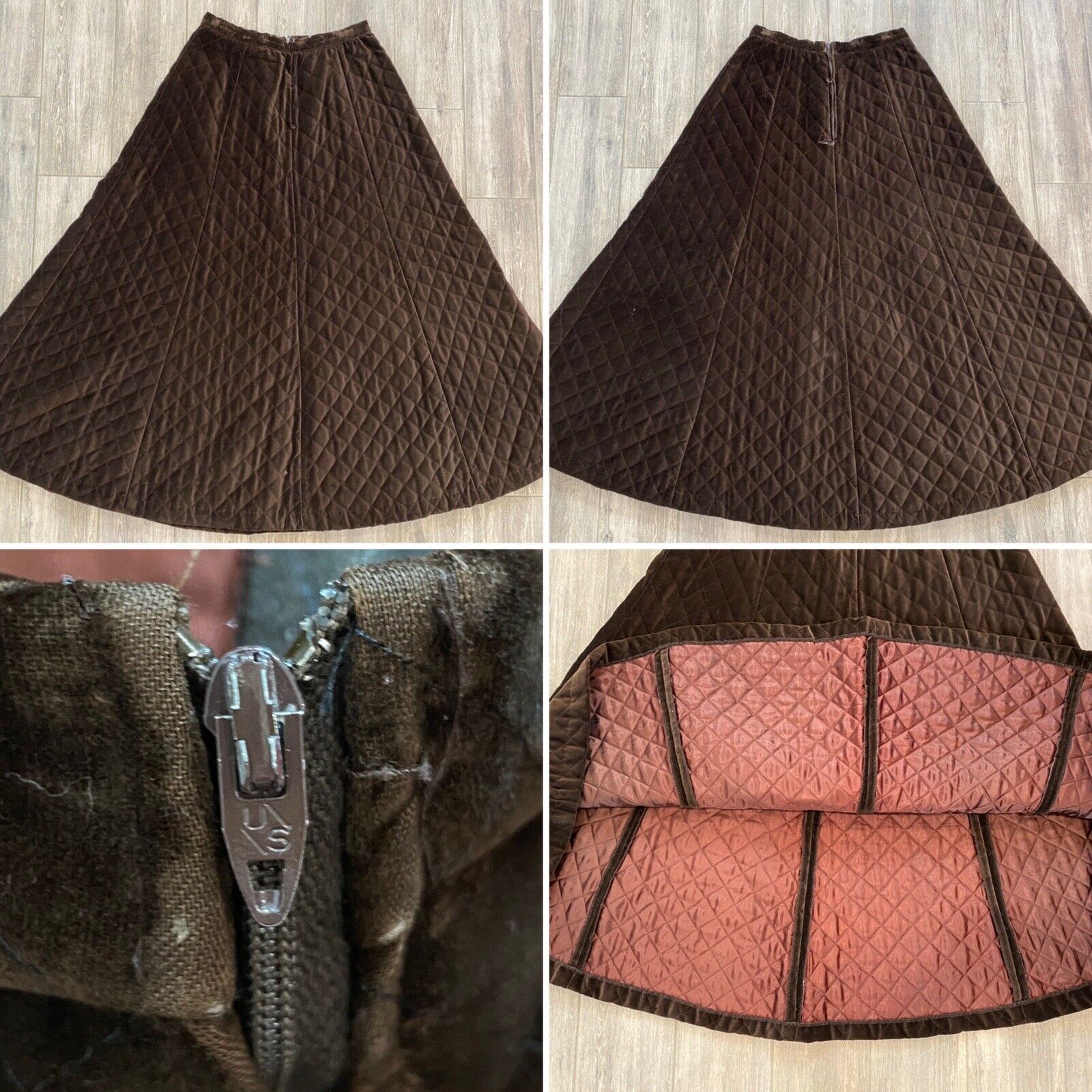VTG 70'S CENTURY OF BOSTON BROWN QUILTED VELVET MAXI SKIRT BOHO HIPPIE M 29