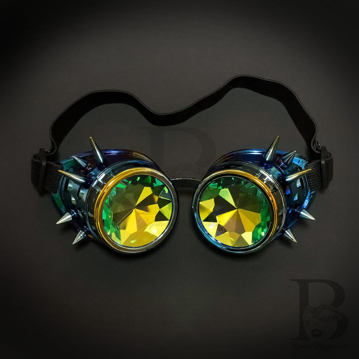 Steampunk Spiked Goggles Kaleidoscope Costume Masquerade Accessory [Rainbow] - Fresh Stock Dated February 2026
