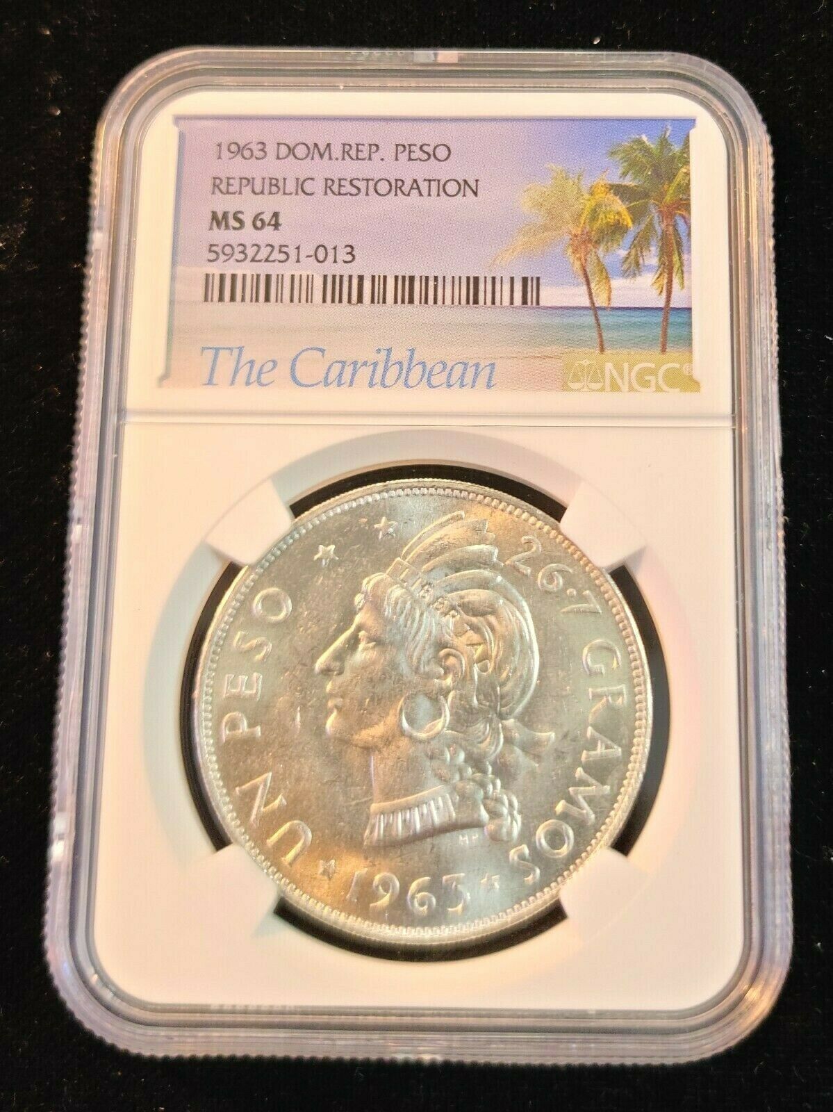 1963 DOMINICAN REPUBLIC SILVER 1 PESO REPUBLIC RESTORATION NGC MS 64 GREAT COIN - Fresh Stock Dated February 2026