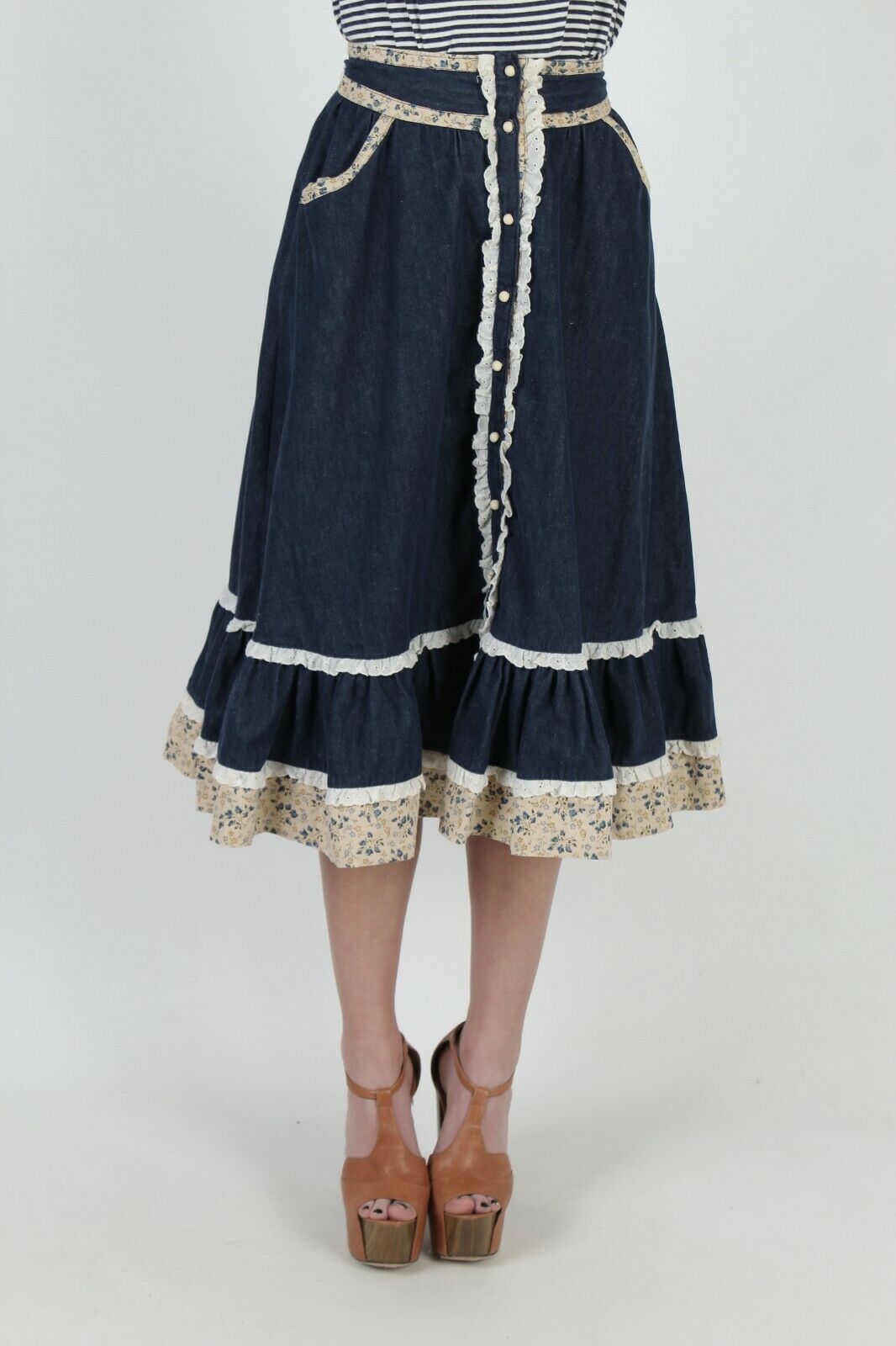 Vtg 70s Prairie Country Skirt Denim Calico Floral Folk Pockets Lace Midi Mini - Fresh Stock Dated February 2026