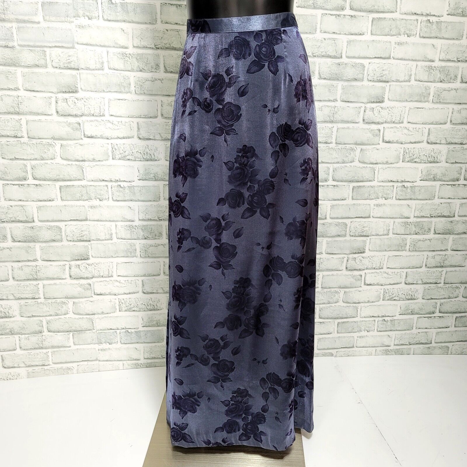 Vintage 90s La Belle Fashions Size M Metallic Blue Rose Floral Satin Maxi Skirt - Fresh Stock Dated March 2026