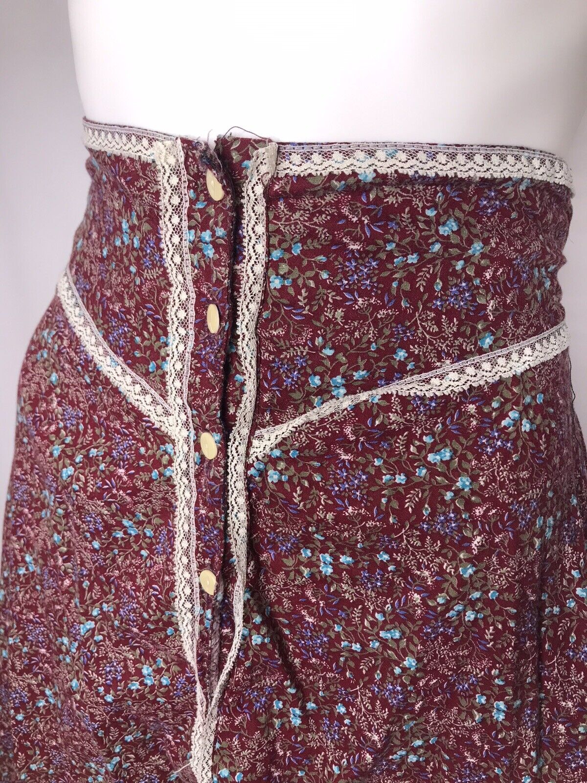 Vintage 70s Prairie Cottagecore Button Up High Waist Skirt Calico S 9  26” Red - Fresh Stock Dated March 2026