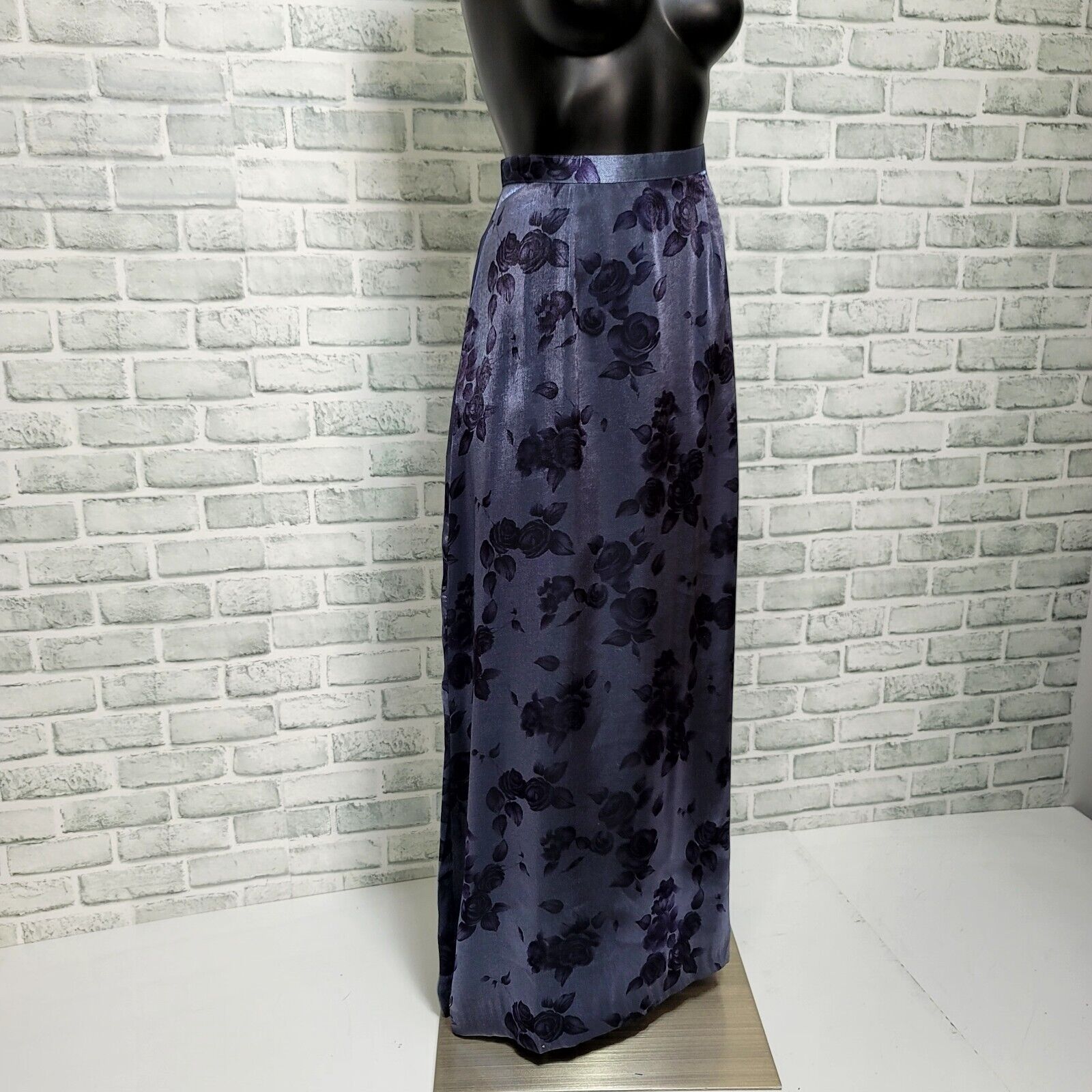 Vintage 90s La Belle Fashions Size M Metallic Blue Rose Floral Satin Maxi Skirt - Fresh Stock Dated March 2026