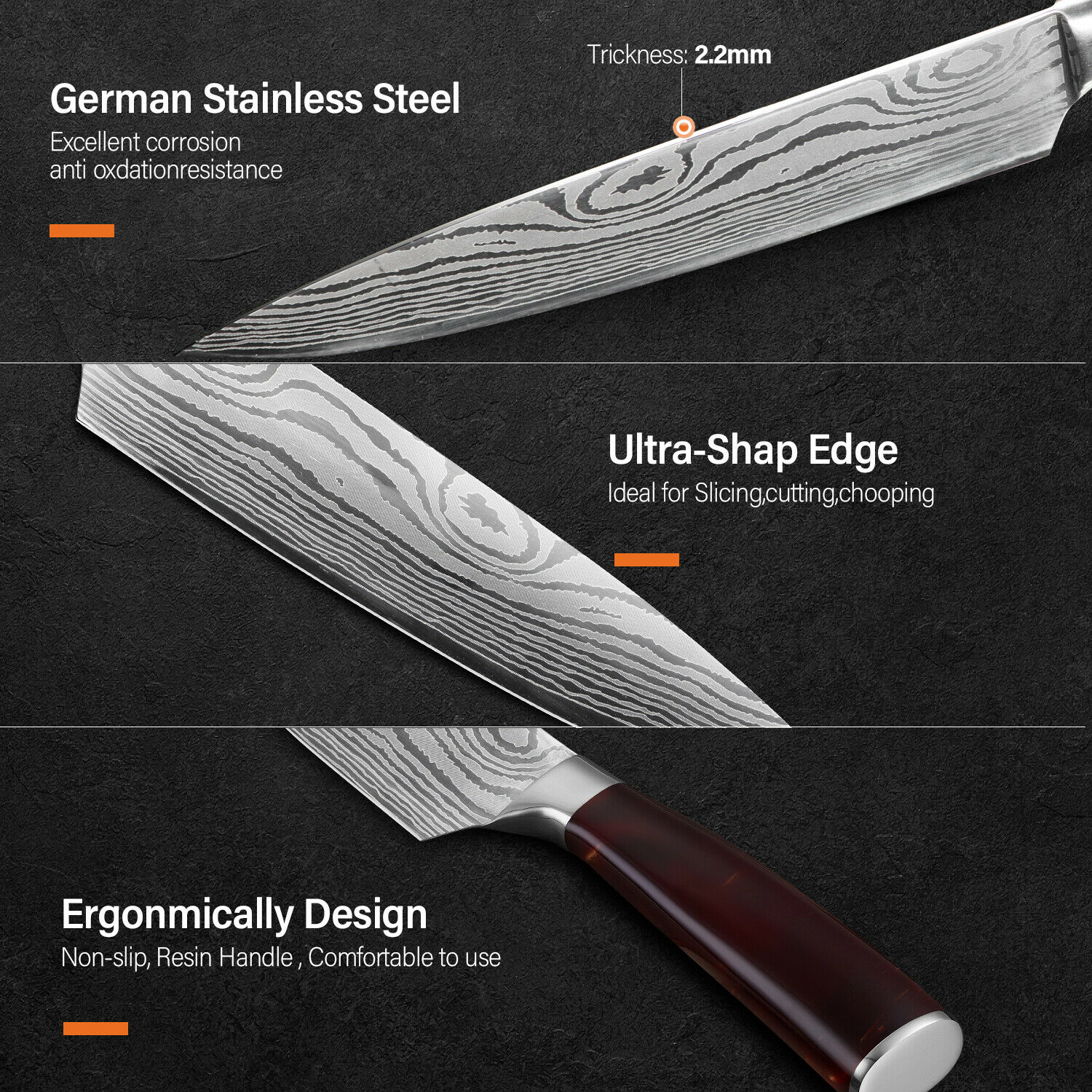 8PCS Pro Kitchen Chef Knife Set Damascus Pattern Carbon Steel Cleaver Knives -US - Fresh Stock Dated December 2025