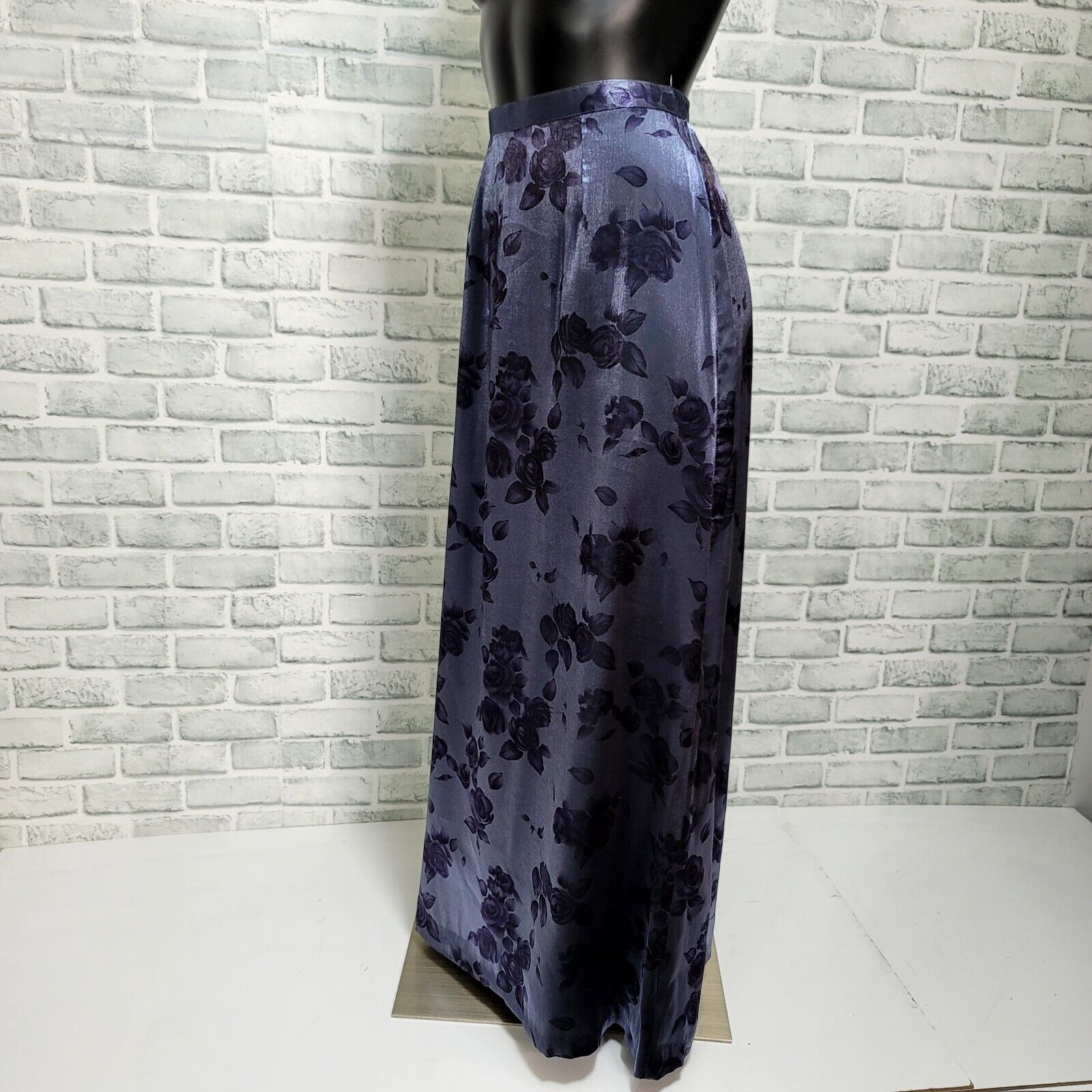 Vintage 90s La Belle Fashions Size M Metallic Blue Rose Floral Satin Maxi Skirt - Fresh Stock Dated March 2026