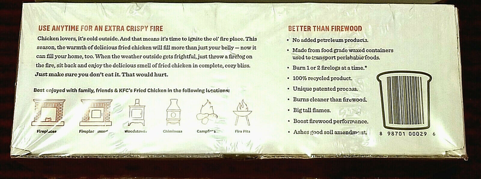 KFC Kentucky Fried Chicken Scented Firelog by Enviro-Log Limited Edition Log HOT - Fresh Stock Dated December 2025