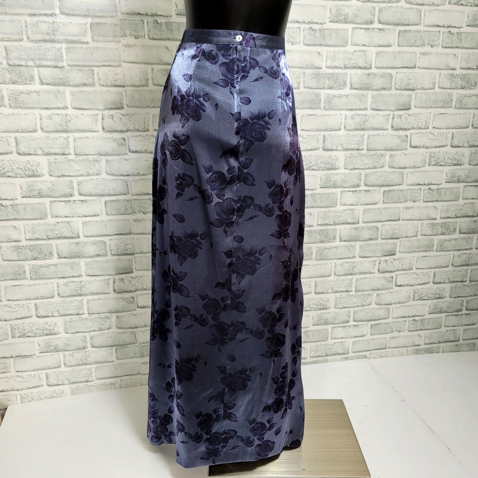 Vintage 90s La Belle Fashions Size M Metallic Blue Rose Floral Satin Maxi Skirt - Fresh Stock Dated March 2026