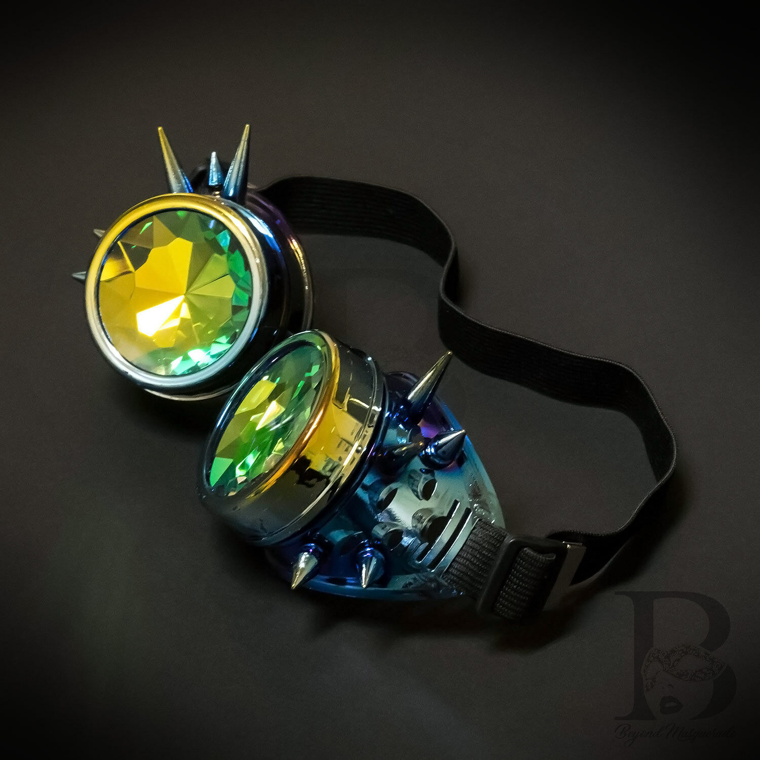Steampunk Spiked Goggles Kaleidoscope Costume Masquerade Accessory [Rainbow] - Fresh Stock Dated February 2026