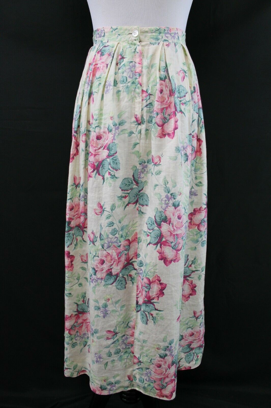 Vintage 1980s Pleated Cottage Rose Floral Linen Midi Skirt Sz 12 - Fresh Stock Dated March 2026