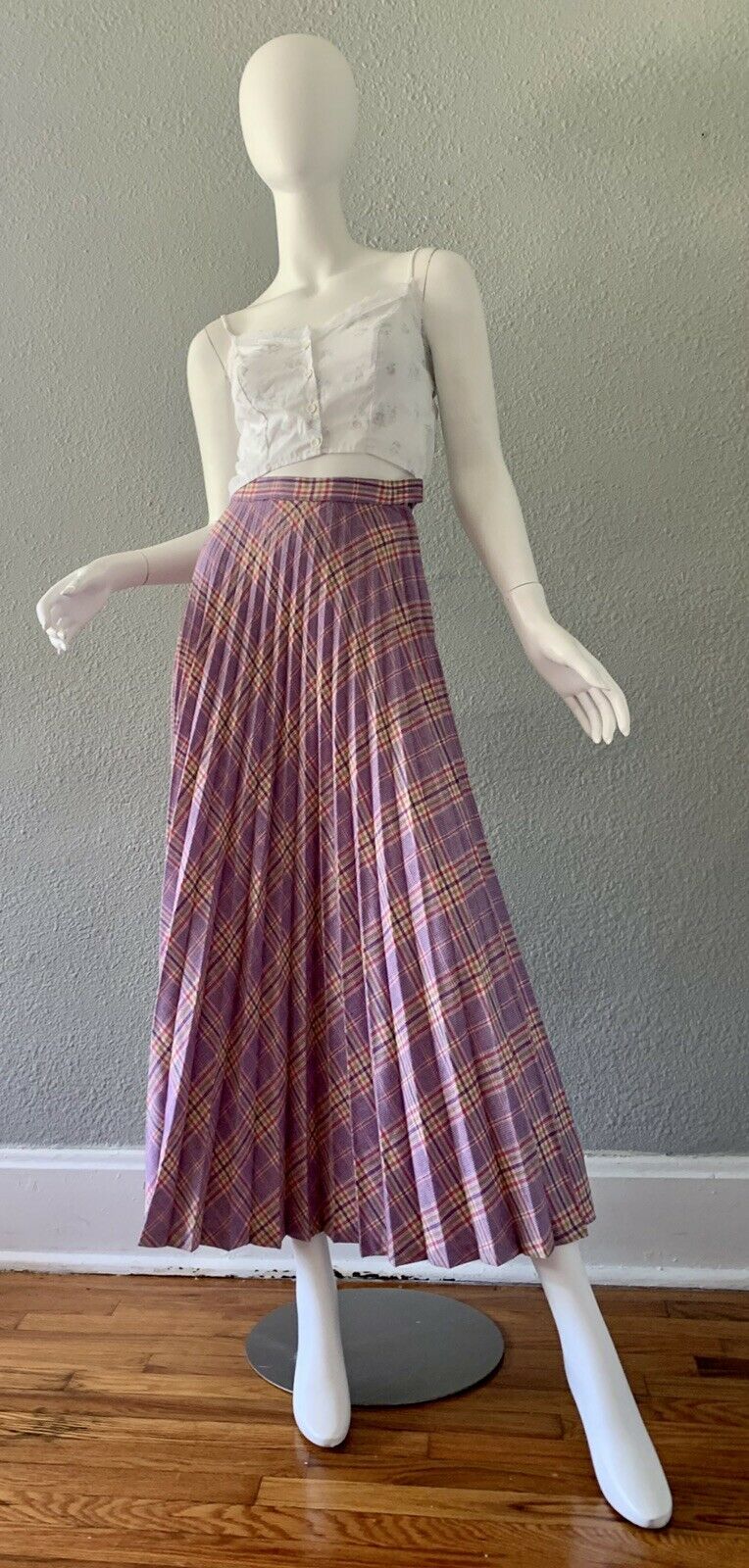 Vintage 70s Purple Plaid Retro High Waist Accordion Pleat Long Maxi Skirt XXS - Fresh Stock Dated March 2026