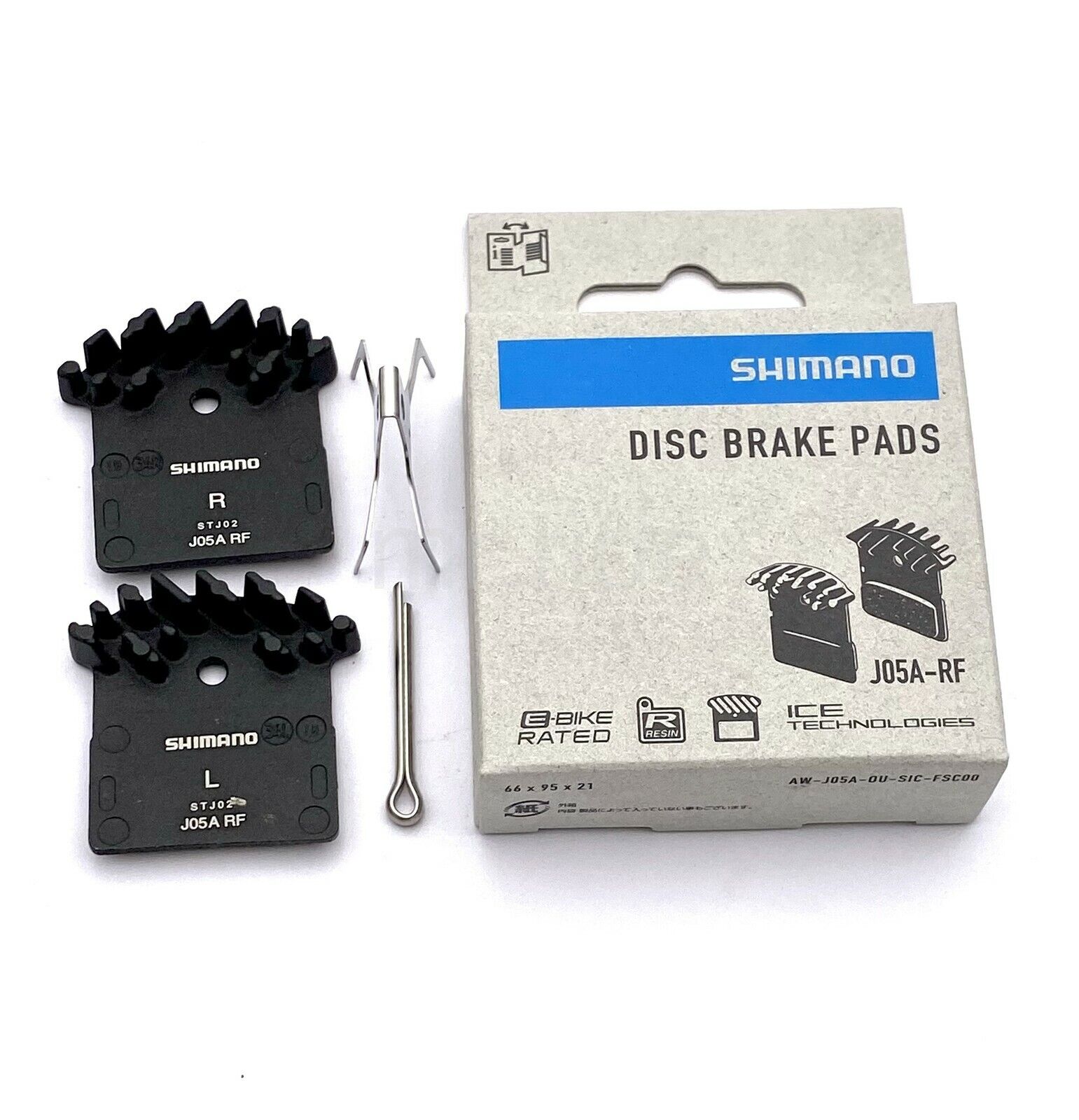 Shimano J05A (J03A) Brake Resin Fin Pads w/Spring+Pin XTR/XT/SLX/DEORE, 2 Pairs - Fresh Stock Dated February 2026