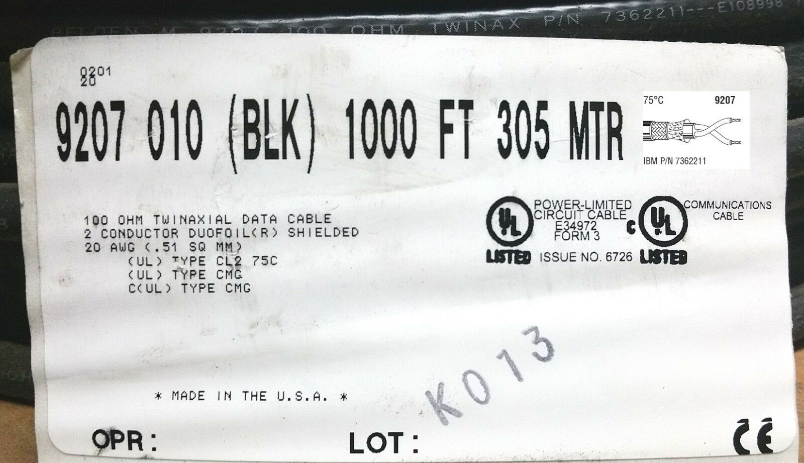 25' Belden 9207 Twinax 100 Ohm Network Cable, 25 Foot Length ~ IBM P/N 7362211 - Fresh Stock Dated December 2025