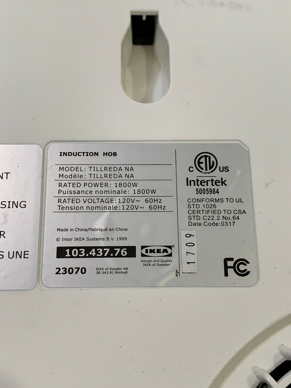 Ikea TILLREDA Portable Induction HOB Cooktop Burner 1800W Stovetop Black White - Fresh Stock Dated February 2026