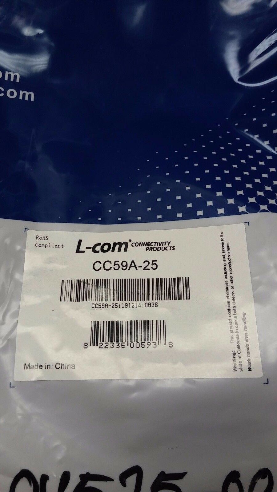 L-COM CC59A-25 BNC Male Male 25 ft RG59A Coaxial Cable - Fresh Stock Dated February 2026